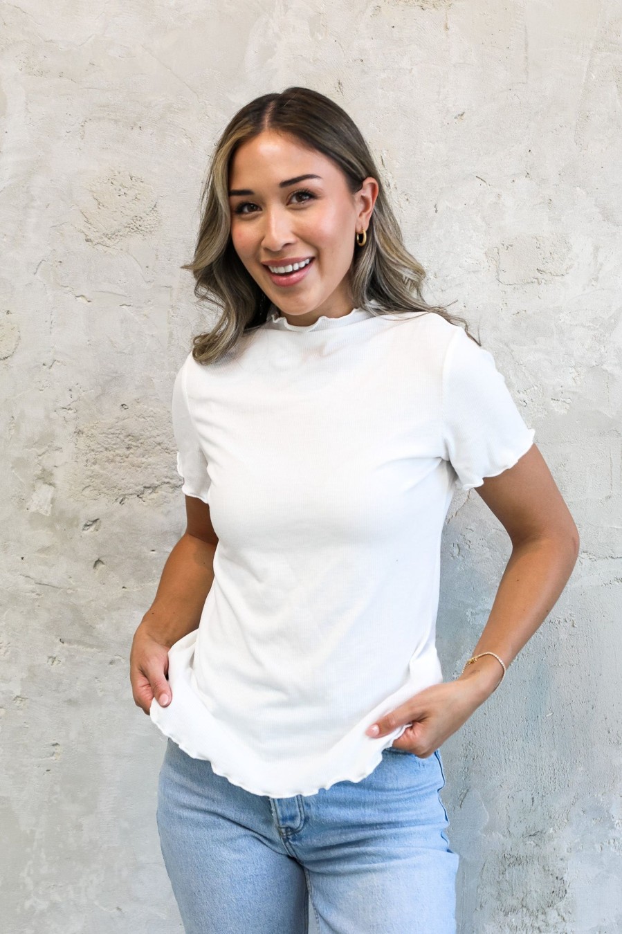 Tops Mikarose Clothing | Mock Neck Ribbed Tee In Ivory