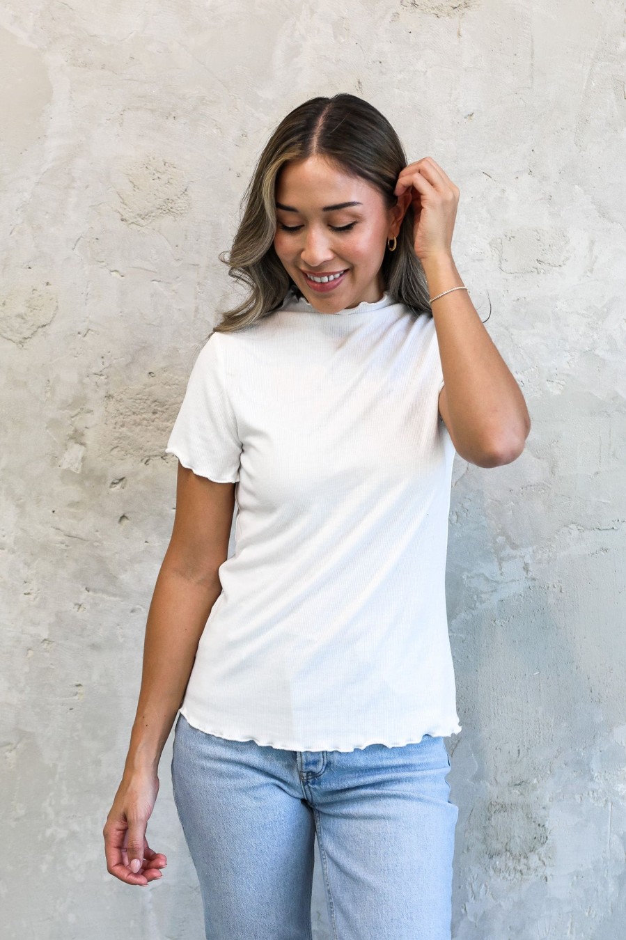 Tops Mikarose Clothing | Mock Neck Ribbed Tee In Ivory