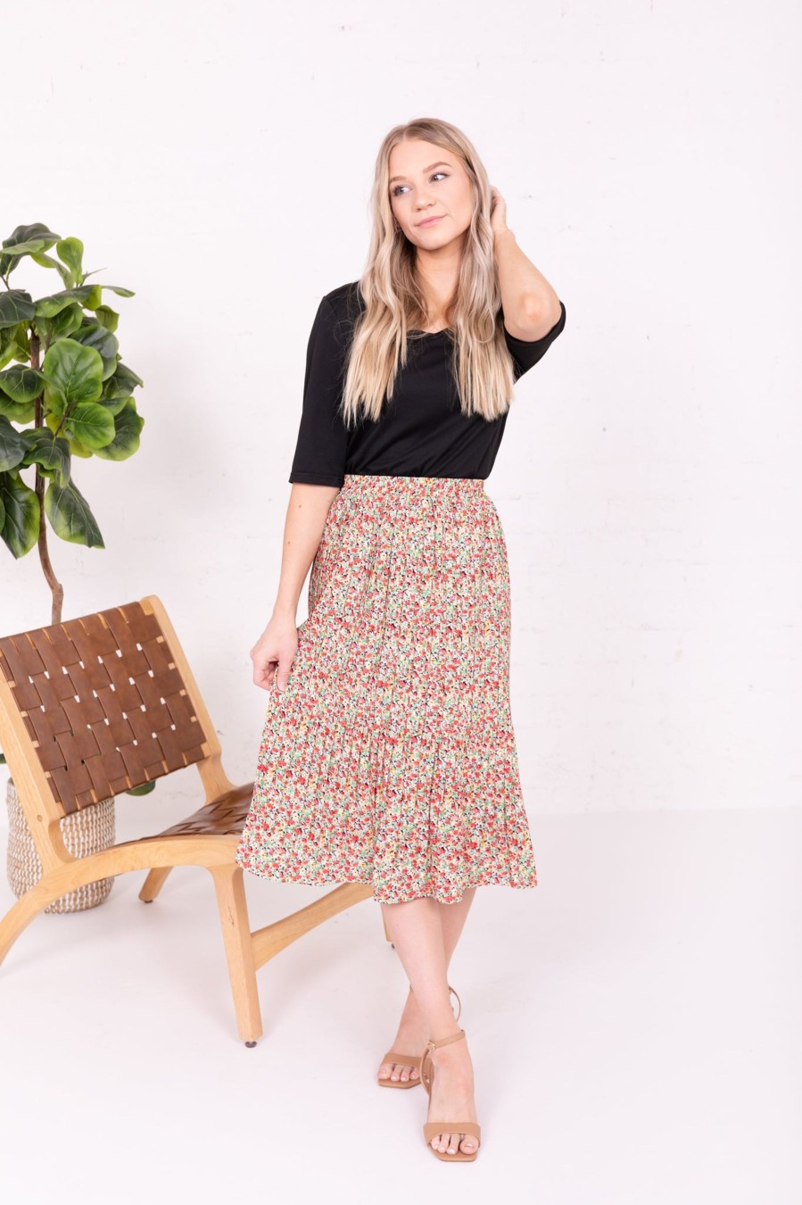 Skirts Mikarose Clothing | Pleated Midi Skirt In Tropical Oasis Final Sale