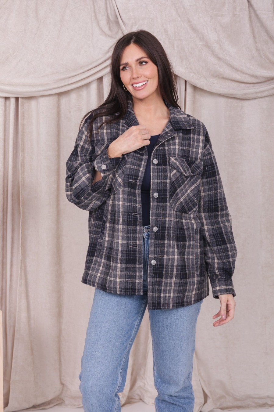 Tops Mikarose Clothing | Plaid Jacket In Shadow Gray Plaid Final Sale