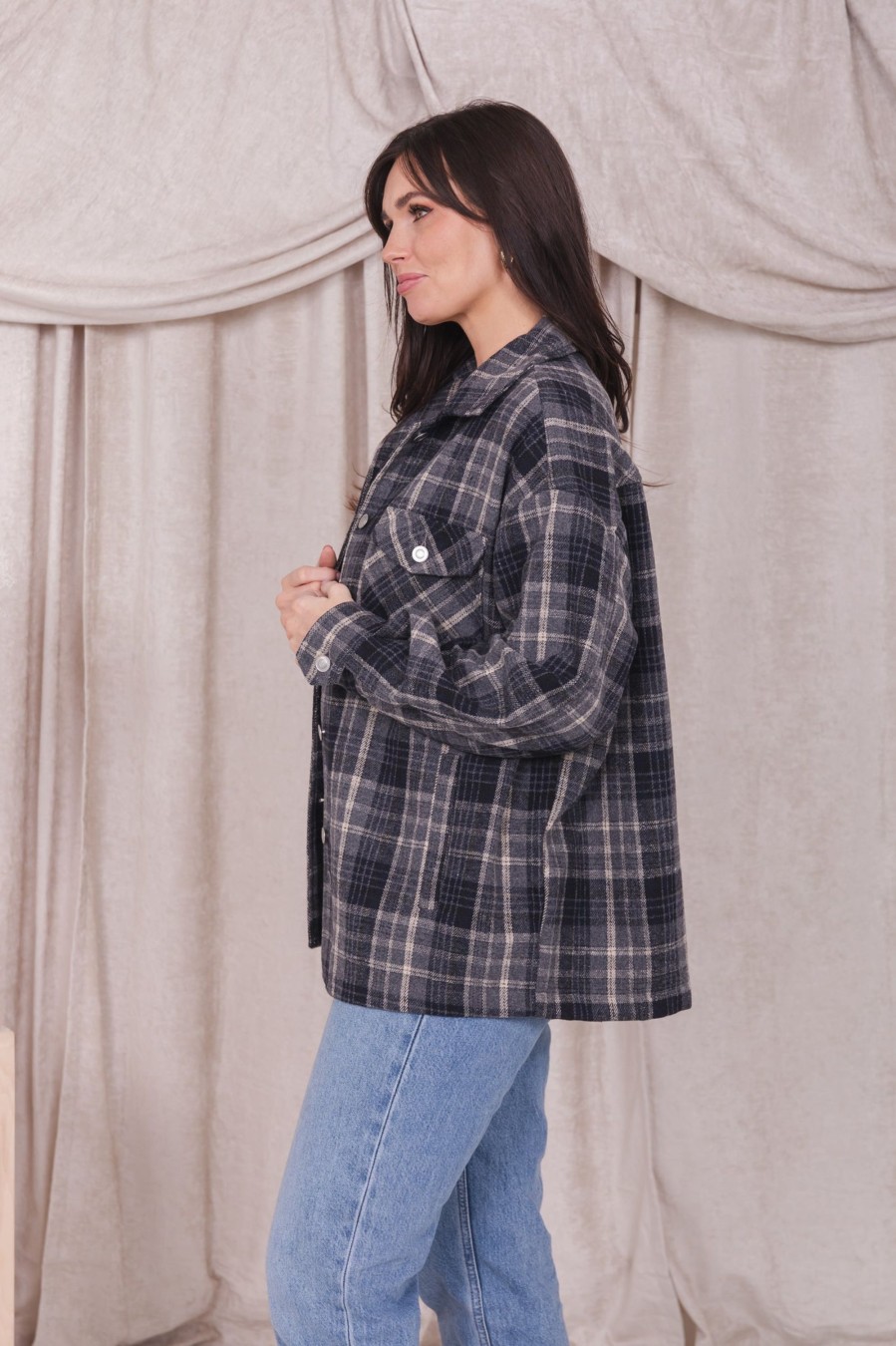 Tops Mikarose Clothing | Plaid Jacket In Shadow Gray Plaid Final Sale