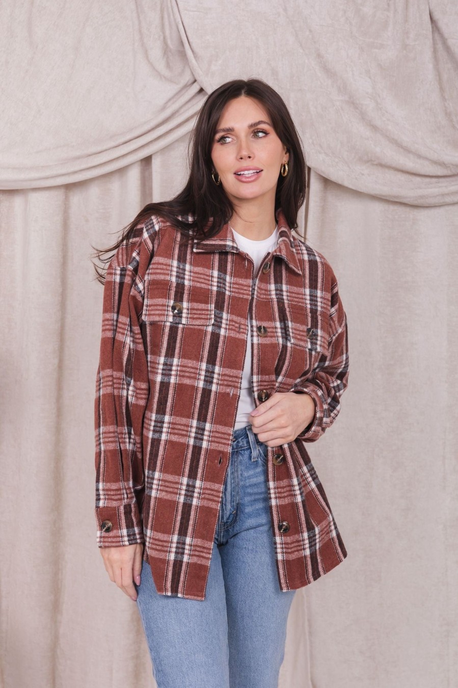 Tops Mikarose Clothing | Flannel Shirt Jacket In Apple Cider Plaid Final Sale