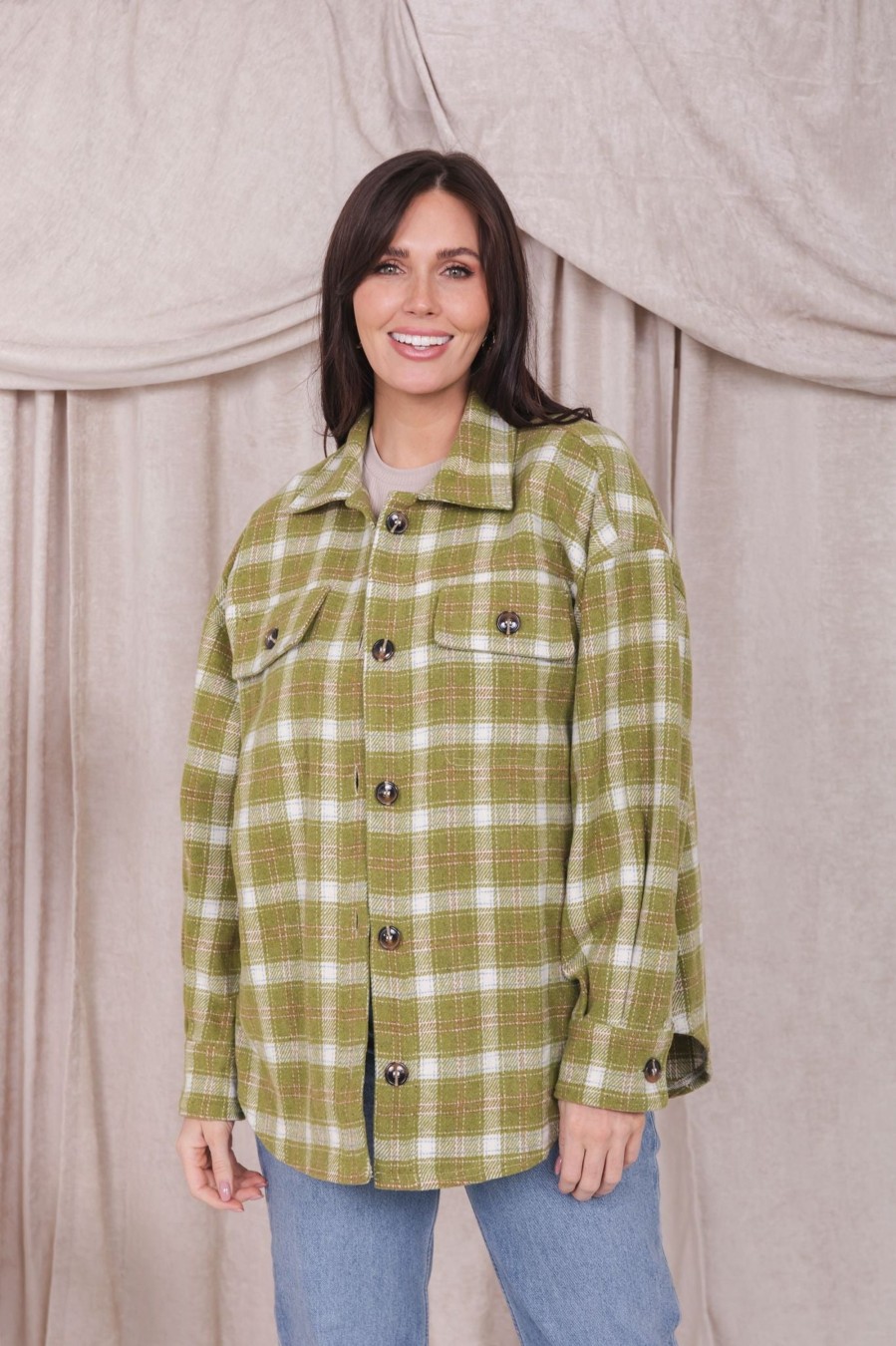 Tops Mikarose Clothing | Flannel Shirt Jacket In Bright Chartreuse Plaid Final Sale