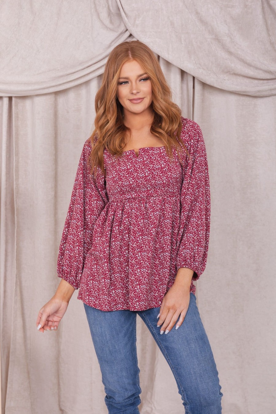 Tops Mikarose Clothing | Notch Front Long Sleeve In Merlot Lilies Final Sale