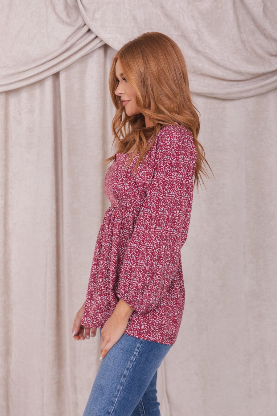 Tops Mikarose Clothing | Notch Front Long Sleeve In Merlot Lilies Final Sale