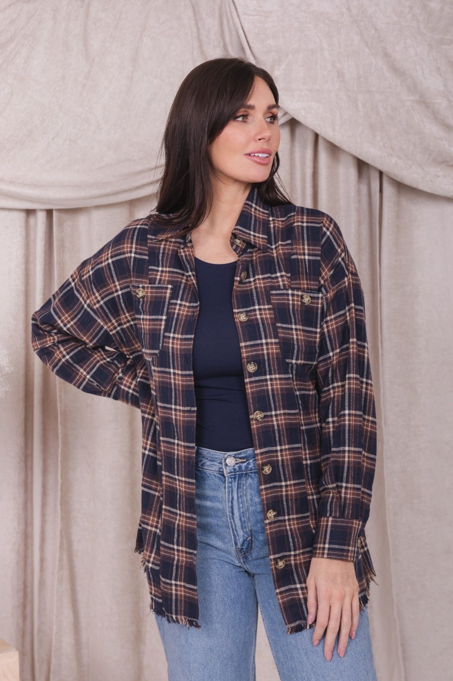 Tops Mikarose Clothing | Plaid Shirt In Dark Navy Plaid Final Sale