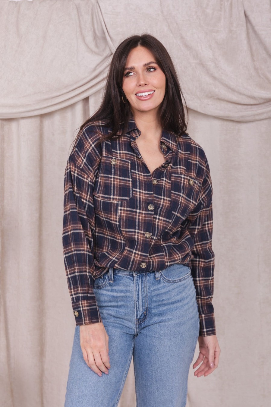 Tops Mikarose Clothing | Plaid Shirt In Dark Navy Plaid Final Sale