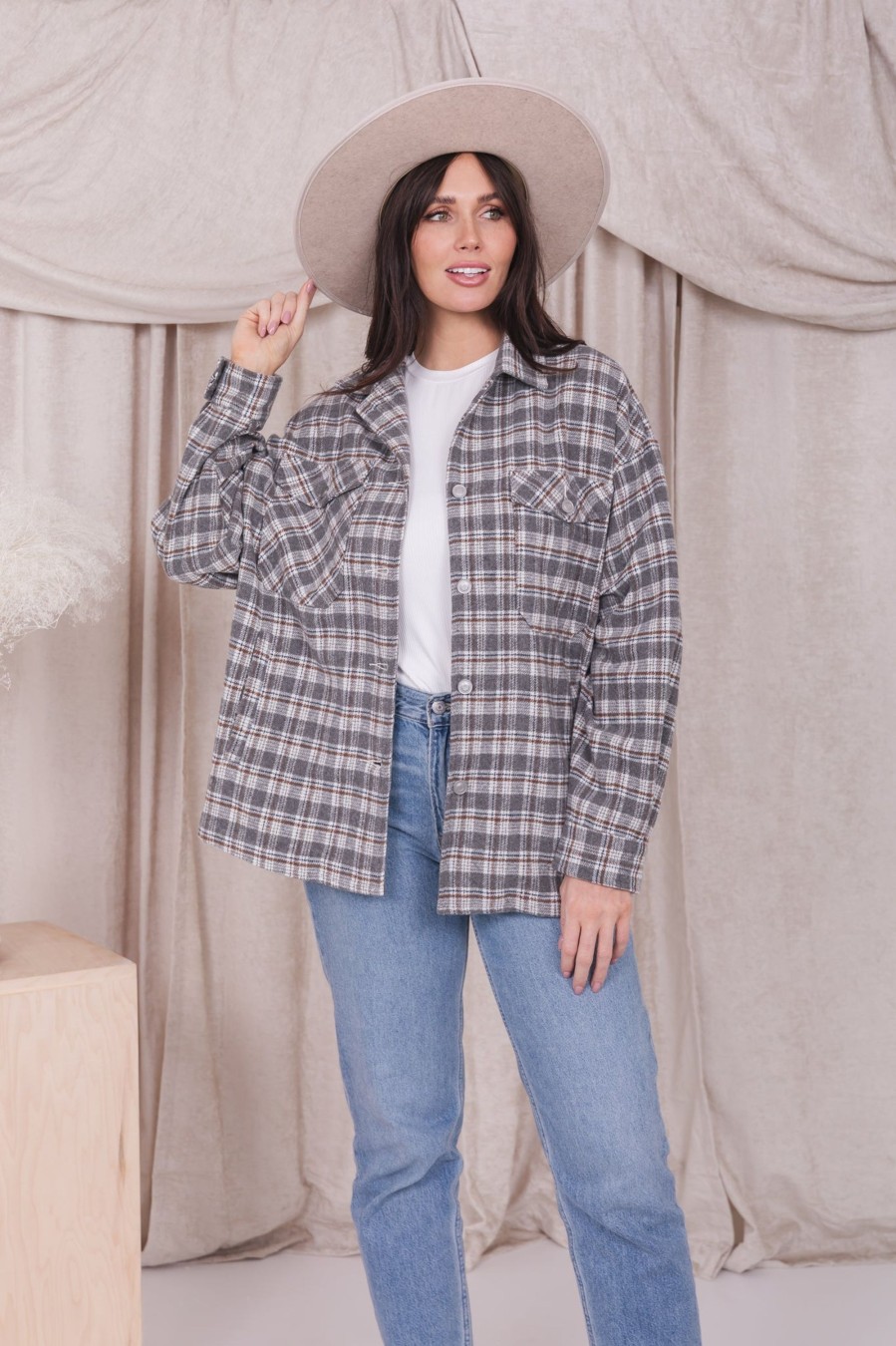 Tops Mikarose Clothing | Plaid Jacket In Faded Gray Flannel Final Sale