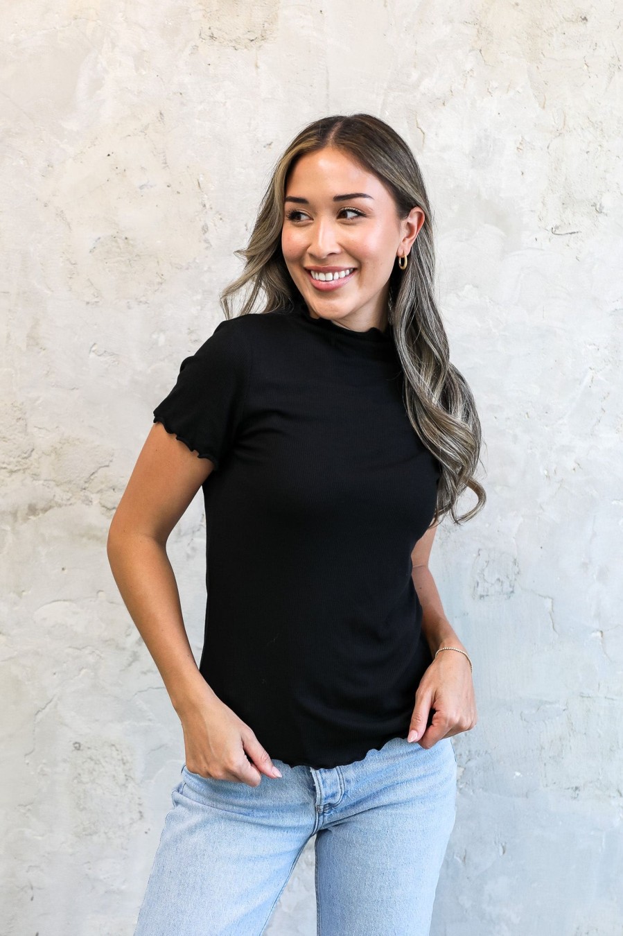 Tops Mikarose Clothing | Mock Neck Ribbed Tee In Black