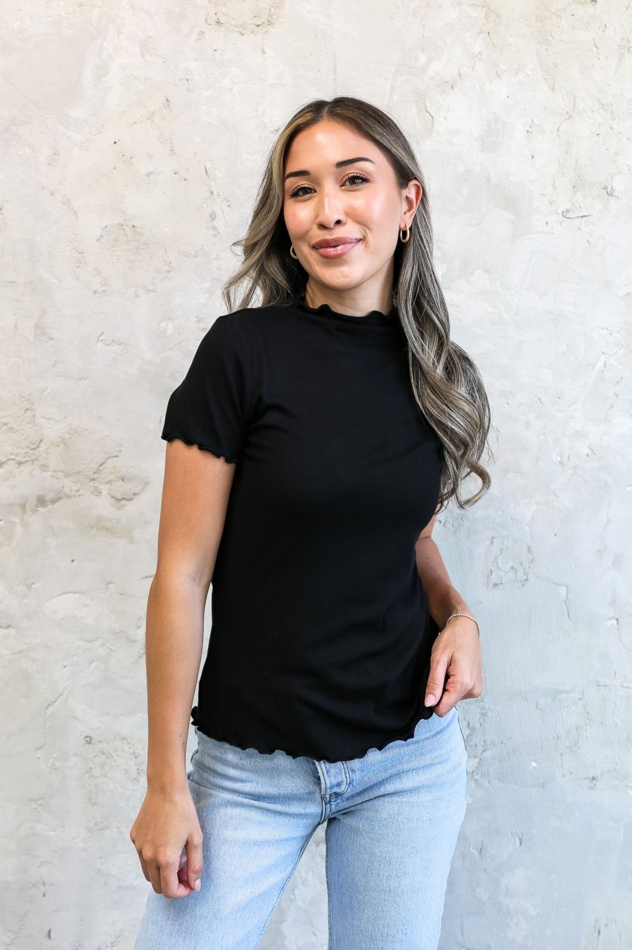 Tops Mikarose Clothing | Mock Neck Ribbed Tee In Black