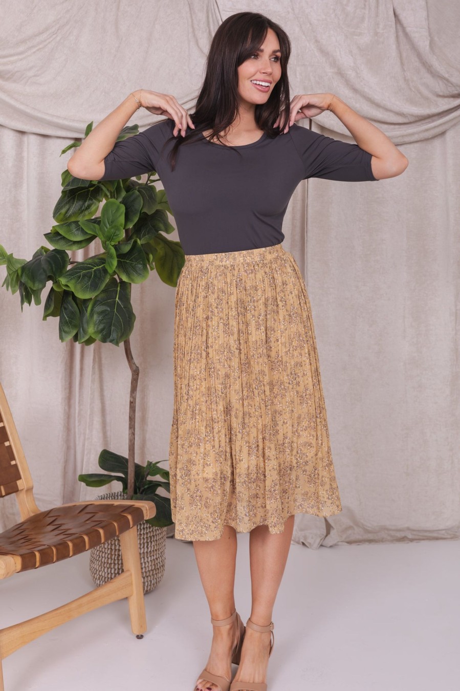 Skirts Mikarose Clothing | Pleated Midi Skirt In Golden Spice Willow Final Sale