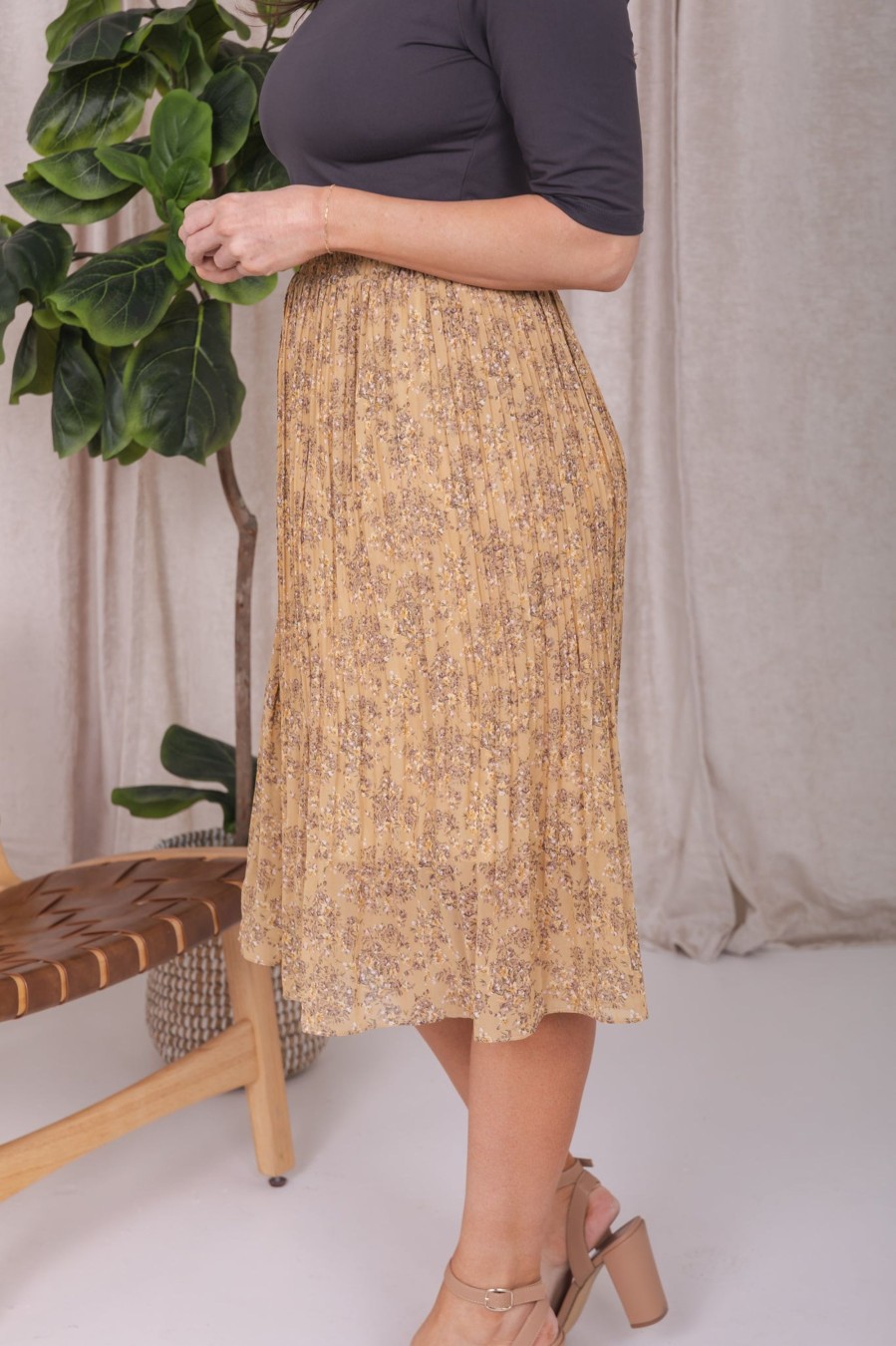 Skirts Mikarose Clothing | Pleated Midi Skirt In Golden Spice Willow Final Sale