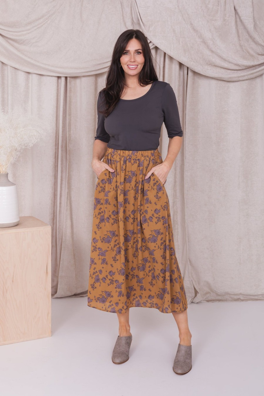 Skirts Mikarose Clothing | Maxi Skirt In Gold Combo Roses Final Sale