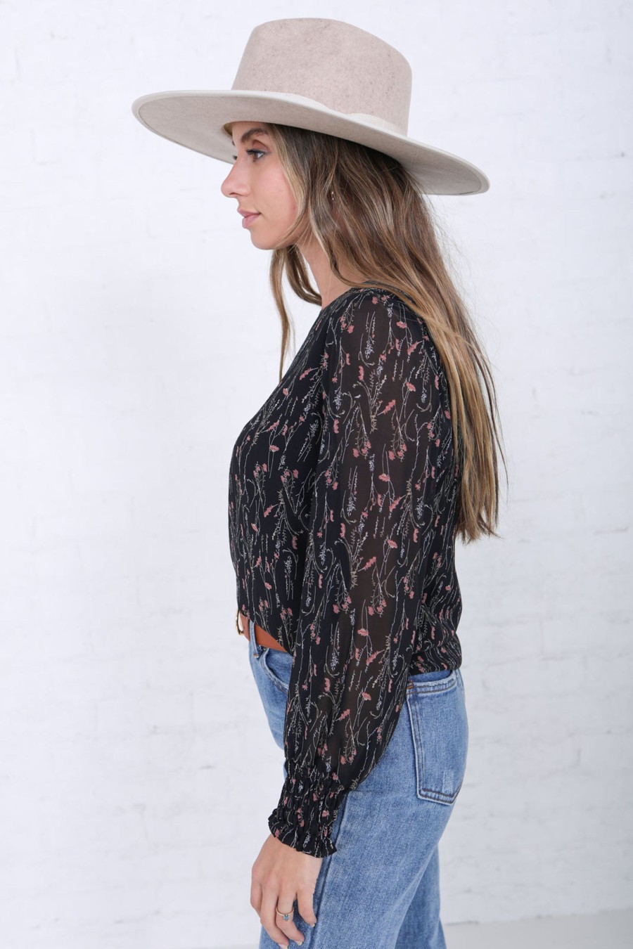 Tops Mikarose Clothing | Smocked Cuff Blouse In Black Vines Final Sale