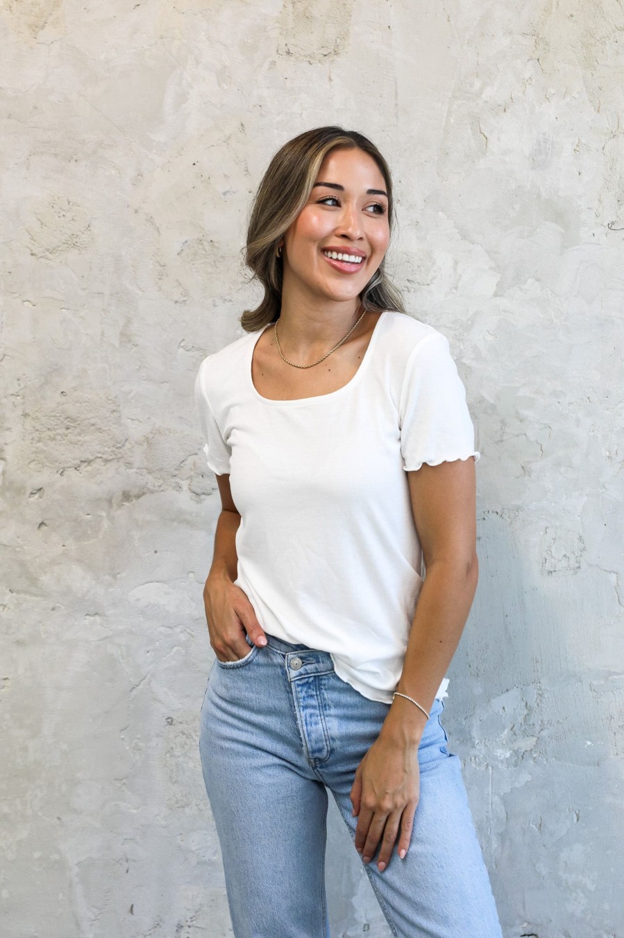 Tops Mikarose Clothing | Squareneck Ribbed Tee In Ivory