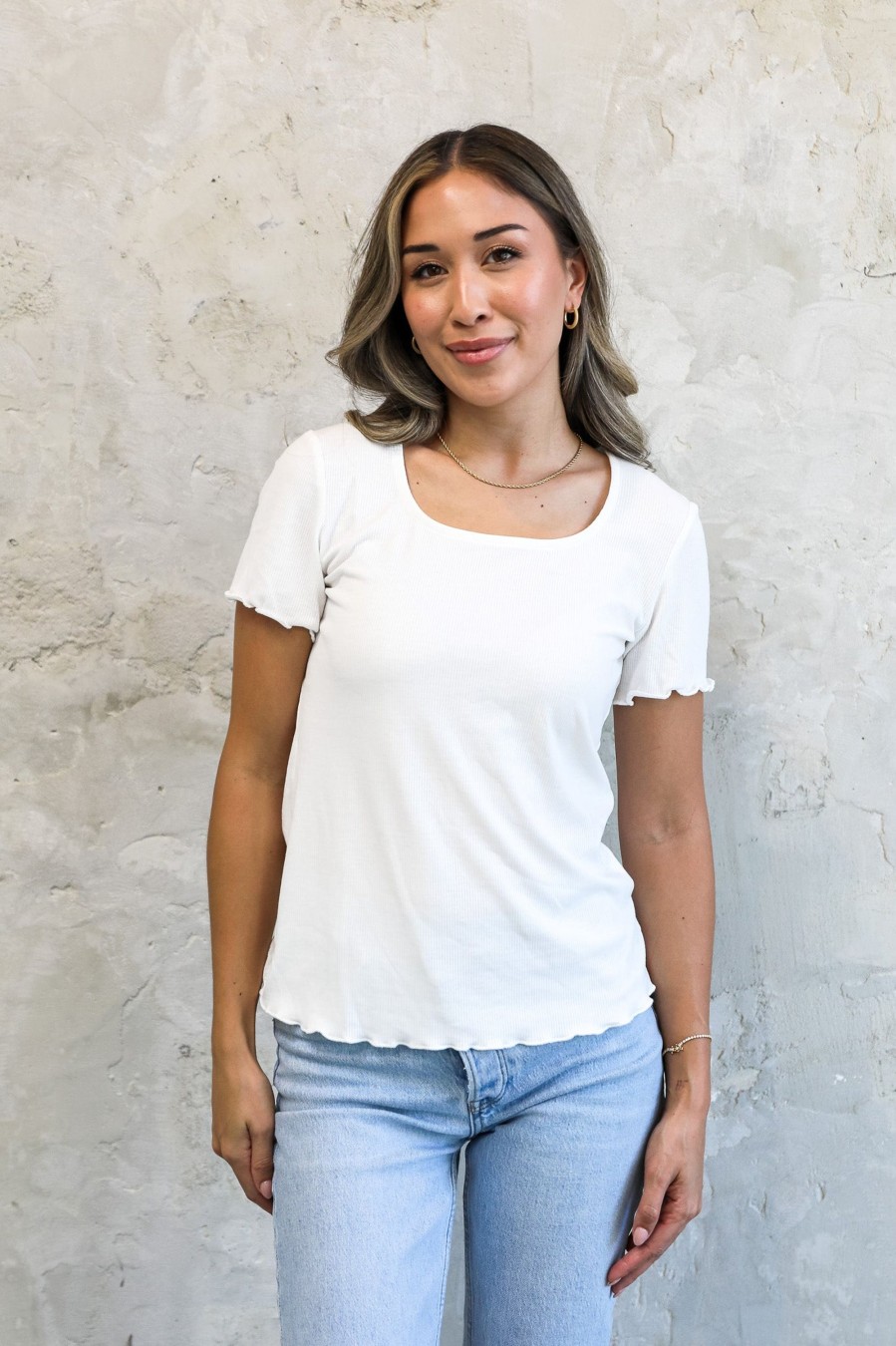 Tops Mikarose Clothing | Squareneck Ribbed Tee In Ivory