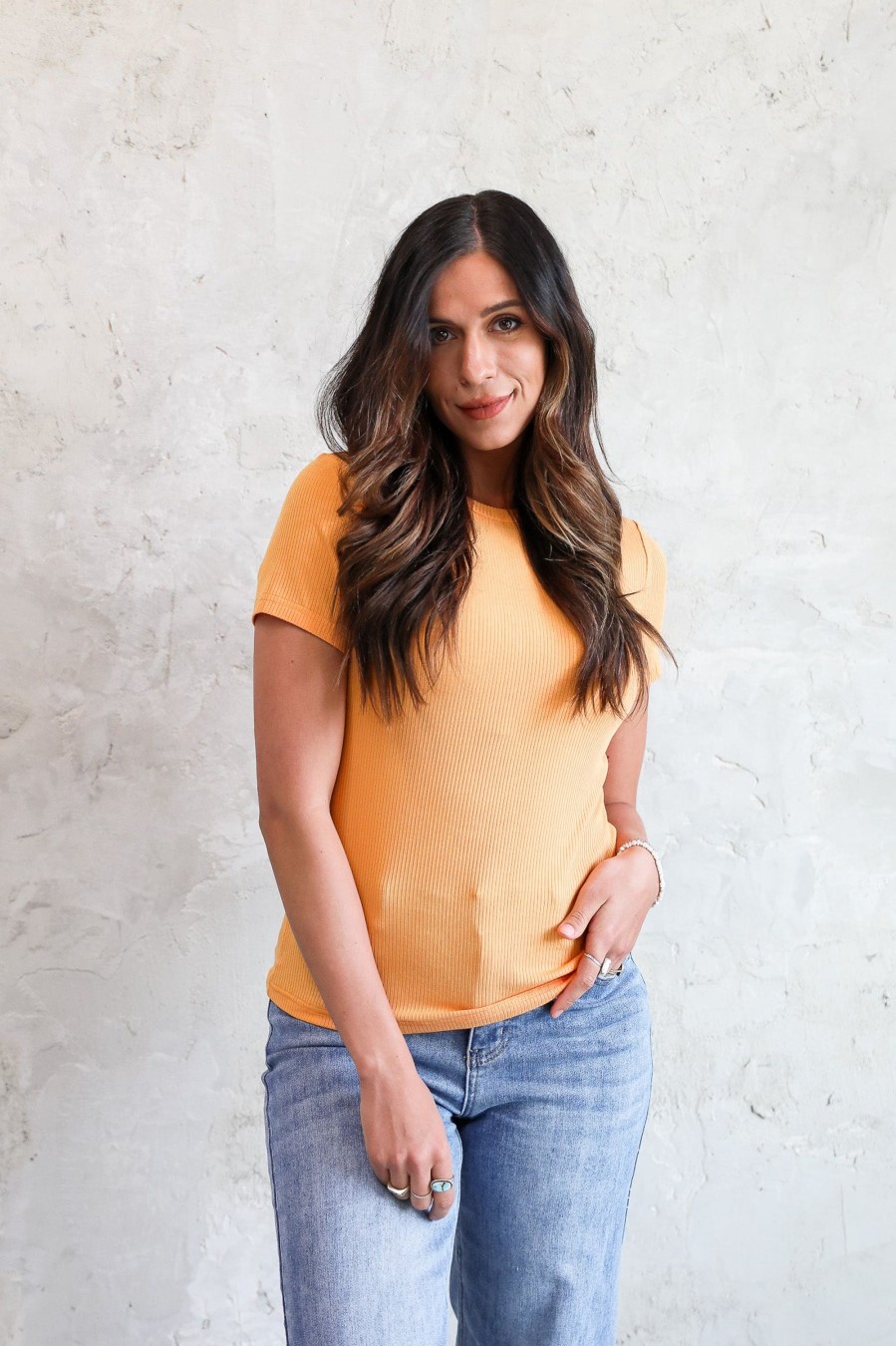 Tops Mikarose Clothing | Short Sleeve Ribbed Tee In Marigold